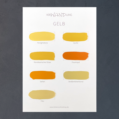 Farbübersicht Gelb von VerWANDlung mit handgestrichenen Farbmustern in verschiedenen Gelb-, Ocker- und Orangetönen.