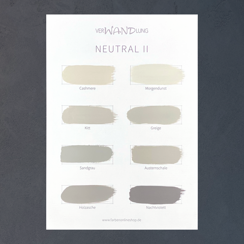 Farbübersicht Neutral II von VerWANDlung mit handgestrichenen Farbmustern in verschiedenen warmen Grau-, Beige- und Greigetönen.