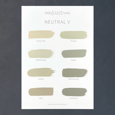 Farbübersicht Neutral V von VerWANDlung mit handgestrichenen Farbmustern in natürlichen Beige-, Grau- und gedeckten Grüntönen.