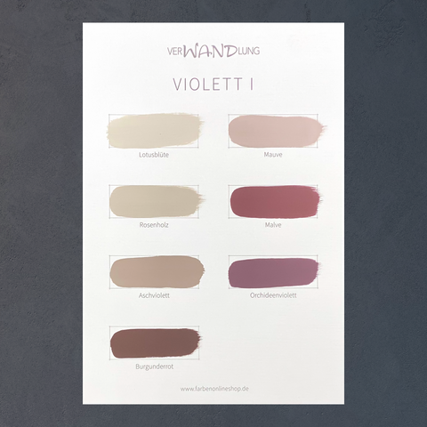 Farbübersicht Violett I von VerWANDlung mit handgestrichenen Farbmustern in zarten Rosé-, Mauve-, Violett- und Burgundertönen.