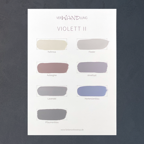 Farbübersicht Violett II von VerWANDlung mit handgestrichenen Farbmustern in zarten Flieder-, Lavendel-, Violett- und gedeckten Blautönen.